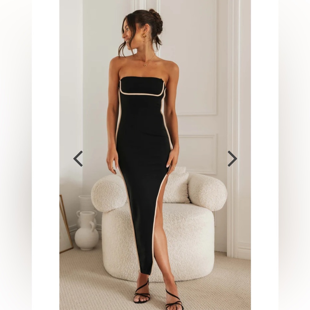 Mura Boutique Black Strapless Contrast Maxi Dress with Slit